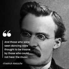 A portrait of Friedrich Nietzsche, who is associated with the quoted observation about music.