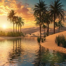 A naturally watered oasis with palm trees surrounded by desert.