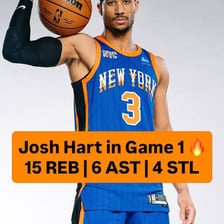 Josh Hart playing basketball in a New York Knicks uniform.