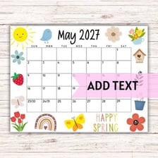 A calendar page for May with springtime imagery.