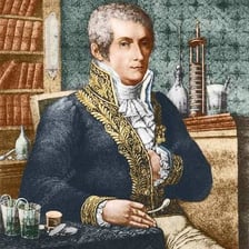 A portrait of Alessandro Volta beside an early electric battery