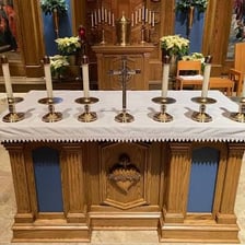 A church altar prepared for a Catholic Mass
