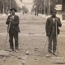 A historical depiction of prisoners working in a chain gang