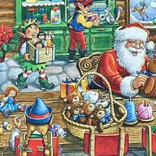 Santa Claus surrounded by elves in a Christmas workshop.