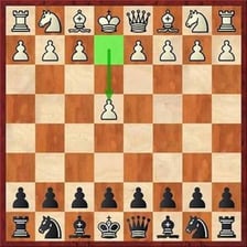 A chessboard showing the white pieces positioned to make the first move.