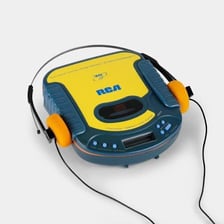 A compact disc and CD player representing music on CD in the 1990s.