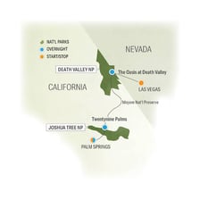 A map showing Joshua Tree located generally south-southeast of Death Valley.