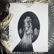 A folkloric ghoul depicted near a graveyard.