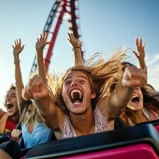 People riding a roller coaster in an exhilarating drop.