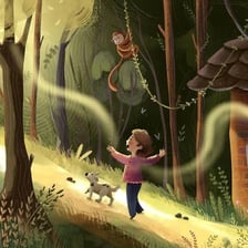 A storybook-style illustration of a young child in a wooded setting