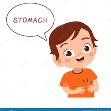 A child pointing to their stomach.