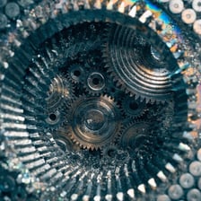 Interlocking metal gears with visible teeth.
