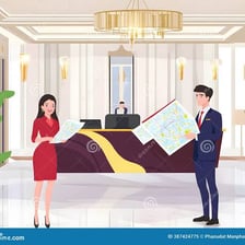 A hotel concierge handing a guest a map of the surrounding area