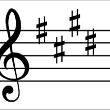A music notation diagram showing the E major key signature with four sharps