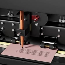 An autopen machine reproducing a signature on a document.
