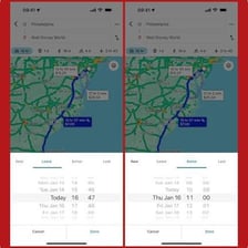 A navigation display showing an estimated arrival time in traffic.