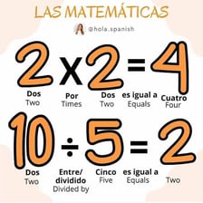 A Spanish-language number lesson illustrating four plus two equals six.