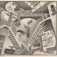 M. C. Escher’s “Relativity,” featuring interlocking impossible staircases