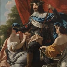 A portrait of a French monarch displayed in a palace setting.
