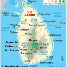 A map of Sri Lanka beside a tropical landscape