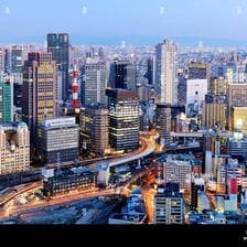The modern skyline of Osaka, Japan.