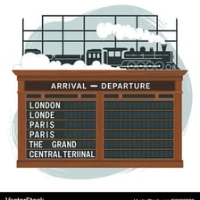 A train station board displaying arrival information.