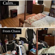 A room shown neatly arranged after being tidied