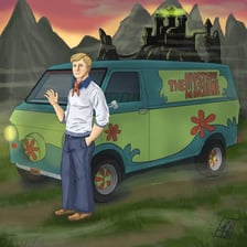 Fred Jones from Scooby-Doo wearing his distinctive ascot near the Mystery Machine