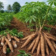 Cassava plants shown with their tuberous roots exposed