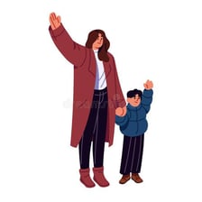 A person waving toward a parent while calling out a greeting.