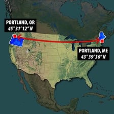 A map comparison showing Portland, Oregon, and Portland, Maine