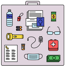 A packed emergency bag containing practical supplies.