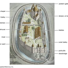 A medieval castle surrounded by a water-filled moat.