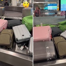 A suitcase traveling on an airport baggage carousel.