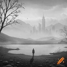 A person looking over a bleak, overcast landscape