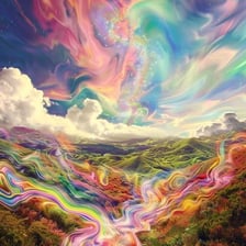 Dreamlike landscape combining unusual, illogical visual elements