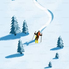 A skier descending a snow-covered mountain slope.