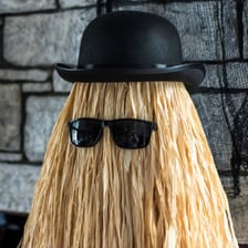 Cousin Itt, the shaggy-haired Addams Family character, shown with a derby-style hat.