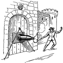 A historical illustration of a petard used in a siege.