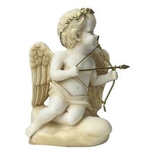 A classical statue or depiction of Eros holding a bow and arrows