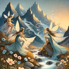 An artistic depiction of a mythological nymph in a mountain landscape.