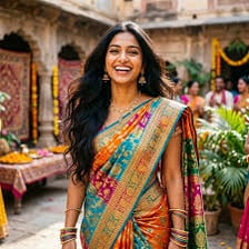 A person wearing a colorful sari draped over one shoulder.