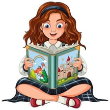 A reader looking at an illustrated storybook