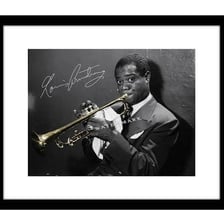 Louis Armstrong playing trumpet in a portrait