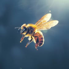 A honeybee hovering with its wings visible.