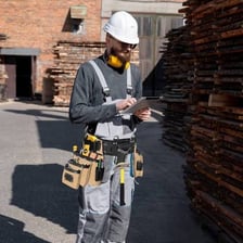 A construction worker wearing a belt loaded with hand tools.