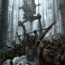 An Ewok character from Star Wars standing in the forest of Endor.