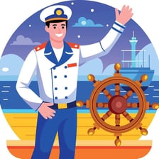 A sailor waving from the deck of a ship
