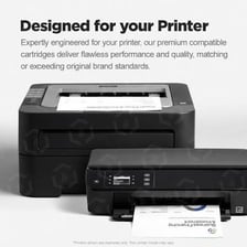 An ink cartridge beside a desktop printer.
