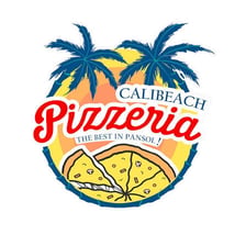 A brightly colored, kitschy scene combining California beach motifs and pizza imagery.